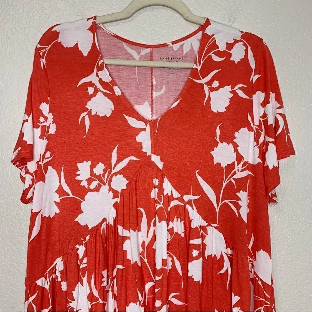 NWOT Lane Bryant Women’s Coral Floral Baby Doll Swing Tee, Size 14/16